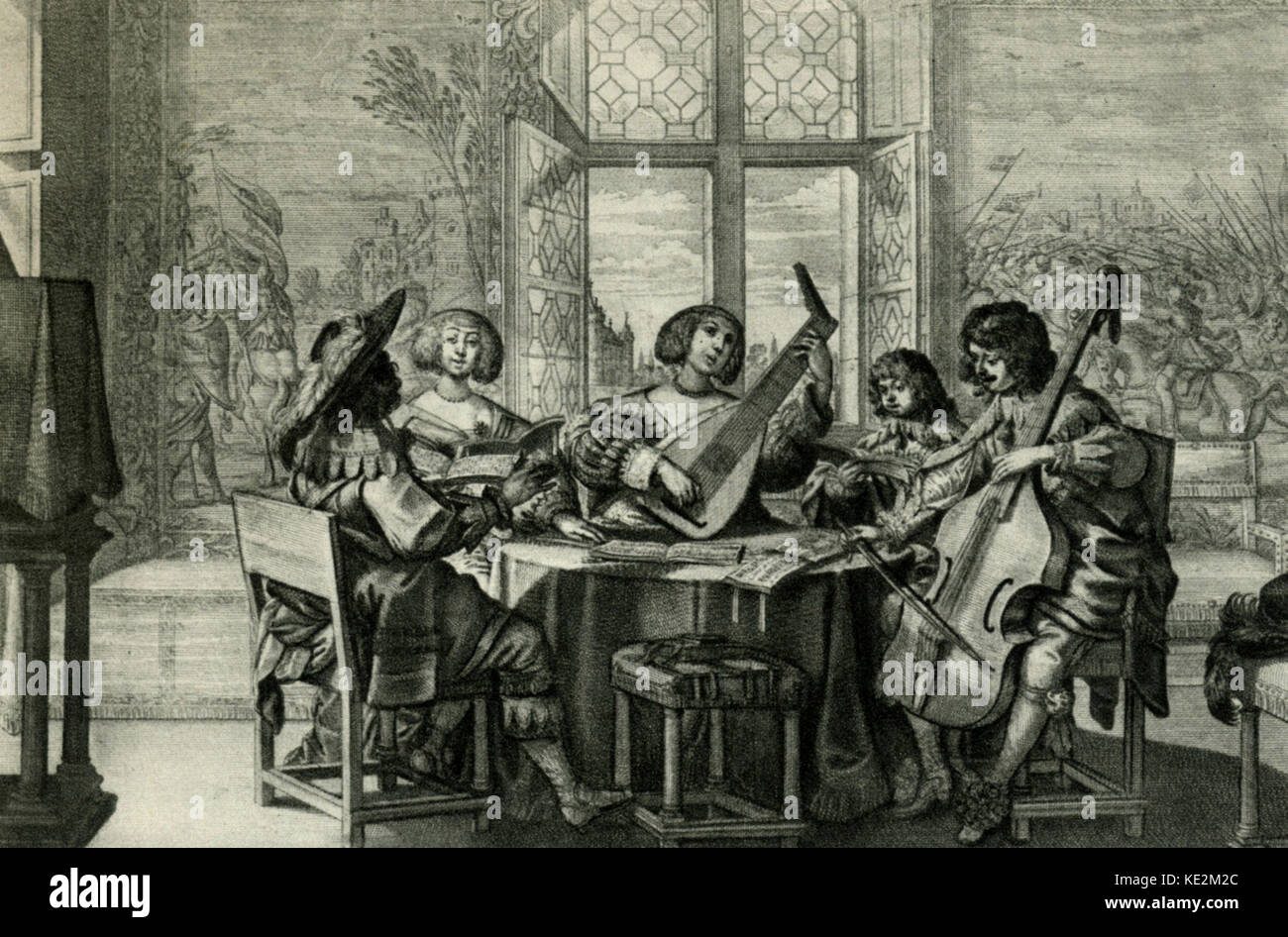 'Hören' - kupferstich von A. Bosse (1602-1676). Musiker runden Tisch singen von partbooks, Viola da Gamba und Laute begleitet. Zeigt die Anhörung als einer der 5 Sinne. Konzert. Consort Musik. Frühbarock. Allegorie. Stockfoto