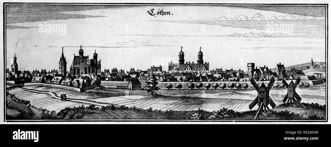 KOTHEN Dorf und Schloss - das Schloss am Kothen von Merian (Prinz Leopold von Anhalt-Kothen eingeladen, Johann Sebastian Bach, Kapellmeister am Kothen werden ab August 1717) Stockfoto