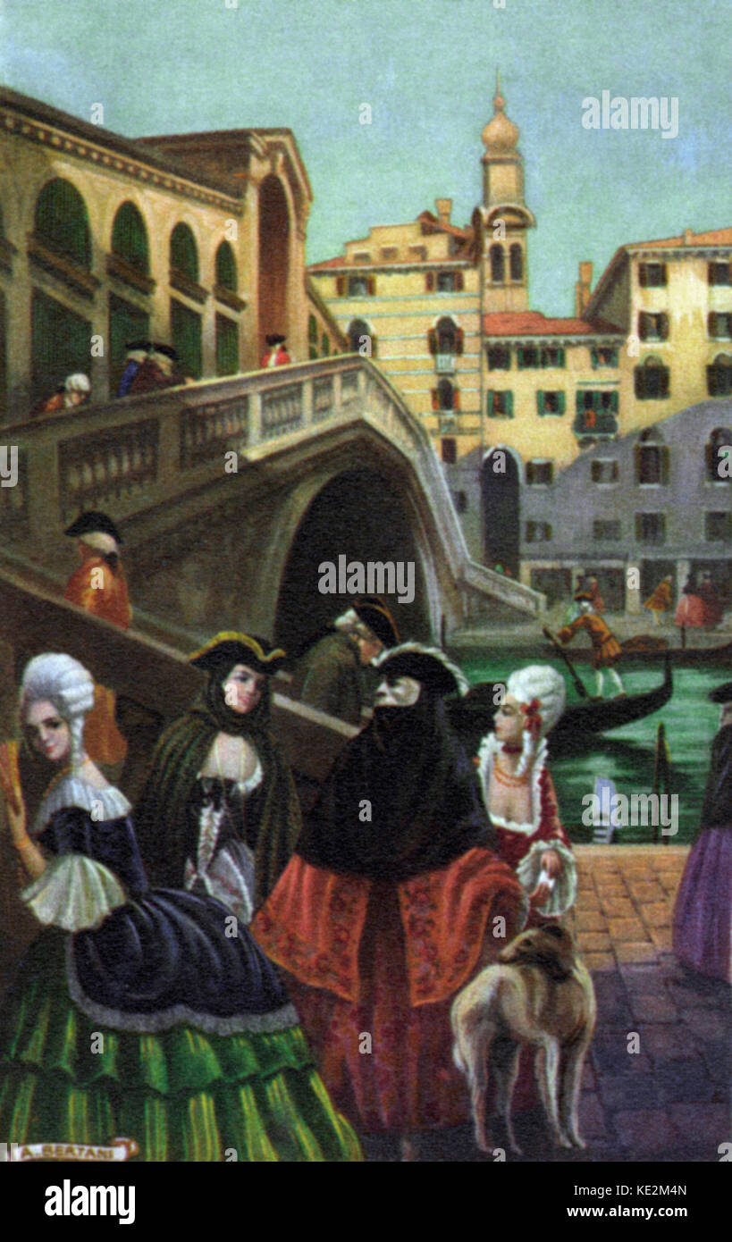 Commedia dell'Arte in Venedig. Auf der Rialto Brücke. Stockfoto
