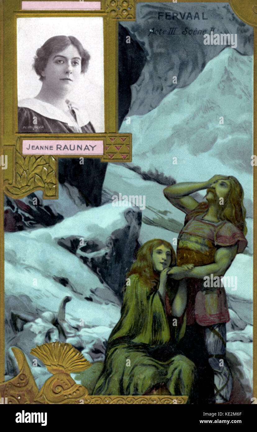 (Paul Marie Théodore) Vincent d'Indys oper Fervaal' ('action musicale") - AKT III, Szene 2 mit einem Portrait von Jeanne Raunay als Guilhen. Französische Mezzosopranistin, 1863-1942. D'Indy: der französische Komponist, 27. März 1851 - vom 2. Dezember 1931. Stockfoto