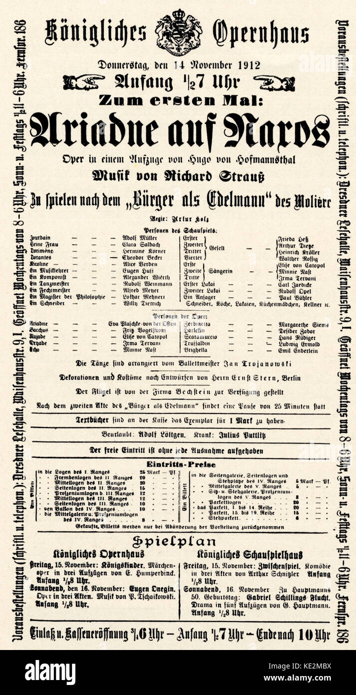 Richard Strauss' Oper "Ariadne auf Naxos" - theaterprogramm Für die Premiere am Royal Opera House in Dresden, 14. November 1912. Deutsche Komponist und Dirigent. 11. Juni 1864 - 8. September 1949. Stockfoto