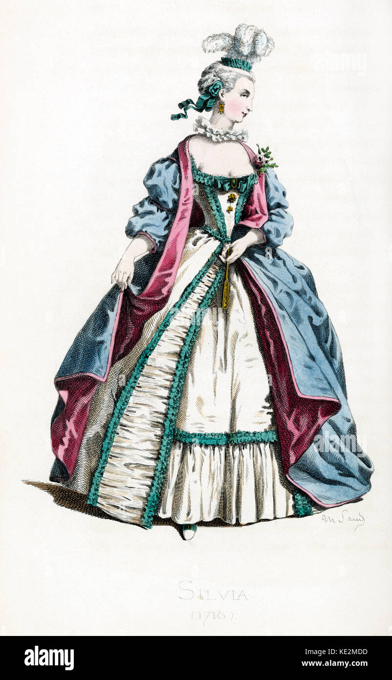 Silvia Kostüm datiert 1716 gezeichnet von Maurice Sand, im Jahr 1860 veröffentlicht. Commedia dell'Arte Charakter. Gepuderte Haar. Seide Mantel, gerafftem Kragen. Nüchtern Stockfoto