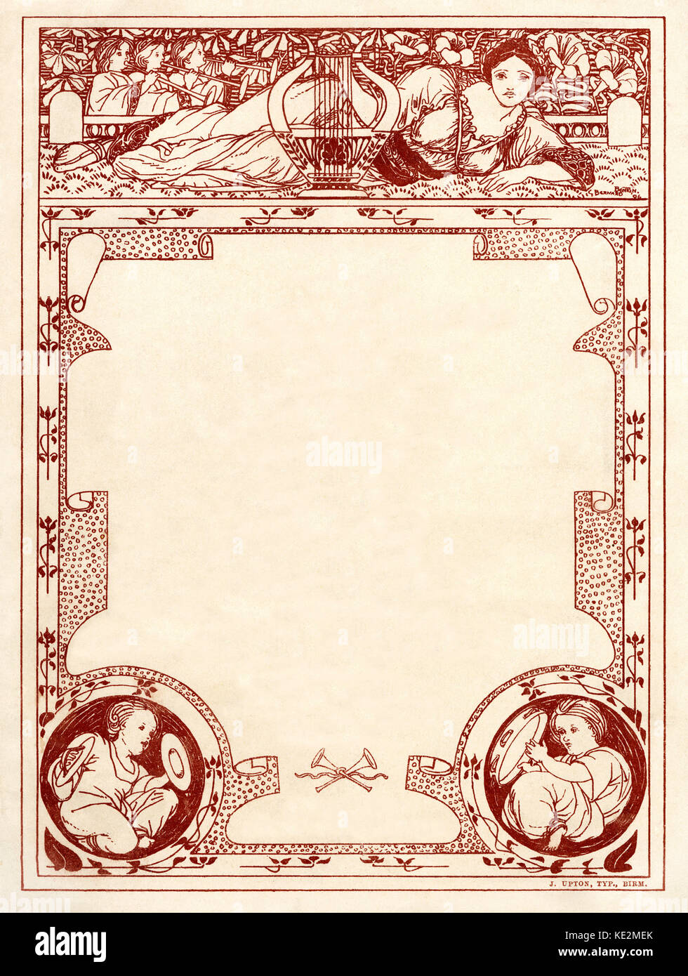 Jugendstil Grenze zu umschließen, Rand- oder surround Text mit Geeignet für Titelseite, Ex Libris, Grußkarten. Kinder mit Trompeten und mit Zimbeln und ein Tamburin. Frau mit einem Lyra. Stockfoto