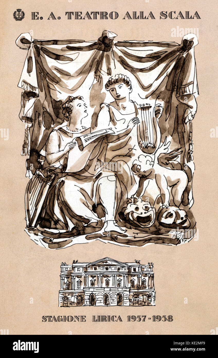 Teatro alla Scala-Programm, 1957-1958 Opernsaison. Die Abbildung zeigt zwei Menschen mit Noten, Zither und Harfe. Ein Engel ist, Masken auf dem Boden. Stockfoto