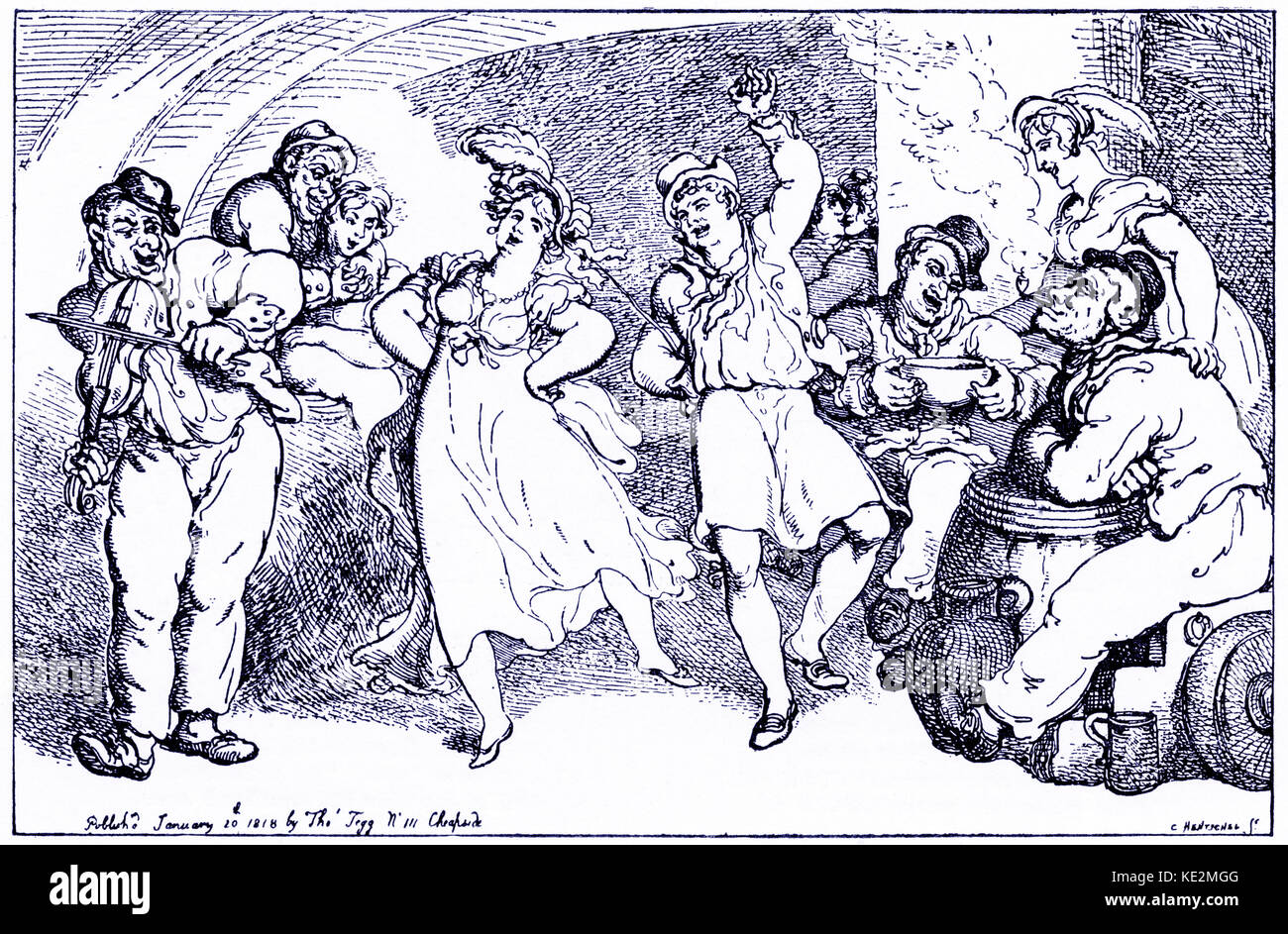 Der letzte Aufsatz oder Adieu nach England. 20. Januar 1818. Von Thomas Rowlandson, Englischer Illustrator, 1756-1827. Paartänze wie andere zuschauen, wie Essen, Trinken, Rauchen. Stockfoto