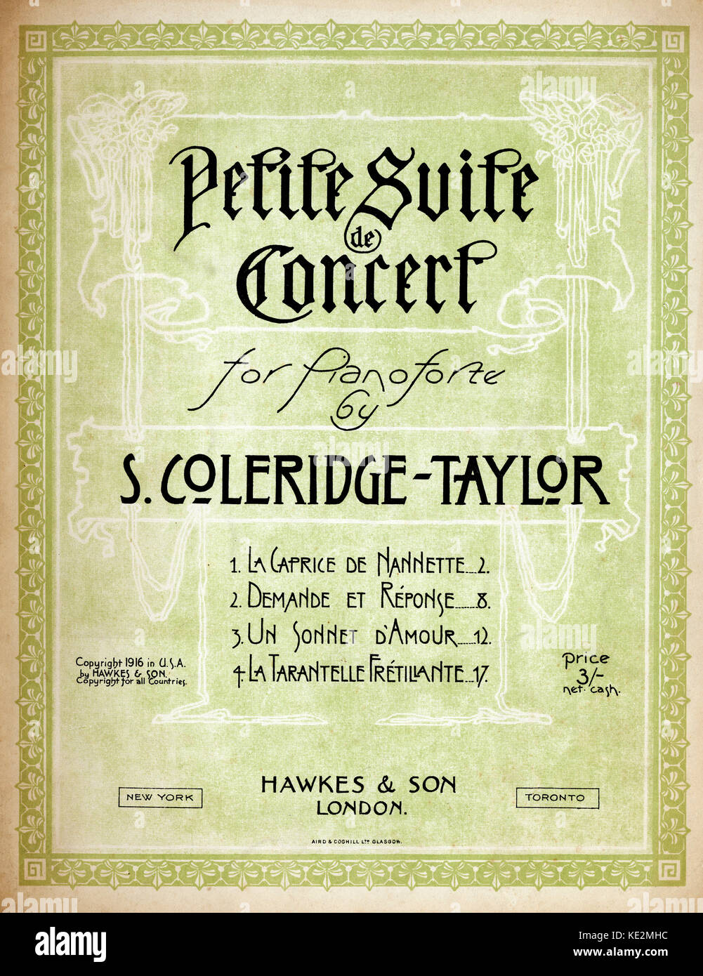 Ergebnis Abdeckung der Petite Suite de Concert für Pianoforte von Samuel Coleridge-Taylor. Veröffentlicht von Hawkes & Sohn (London). Inhalt: La Caprice de Nannette, Demande et réponse, Un sonnet d'Amour, la Tarantelle frétillante. Britische Komponist, 15. August 1875 - 1. September 1912. Stockfoto