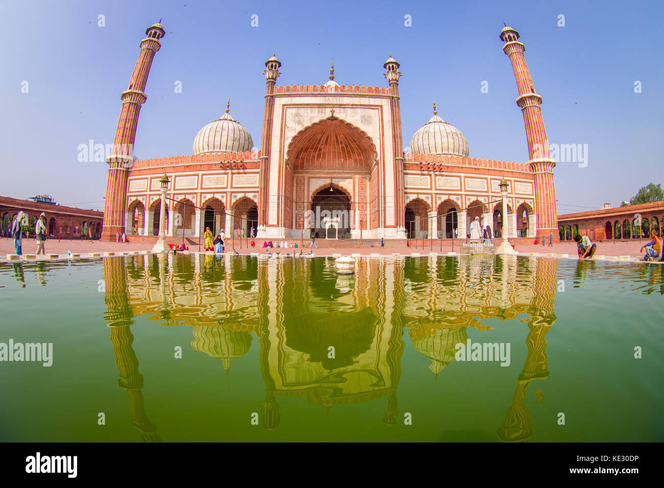 Delhi, Indien - 27. September 2017: schöne Aussicht von Jama Masjid Tempel, das ist die größte Moschee in Indien Delhi, Indien, Fischaugen-Effekt Stockfoto