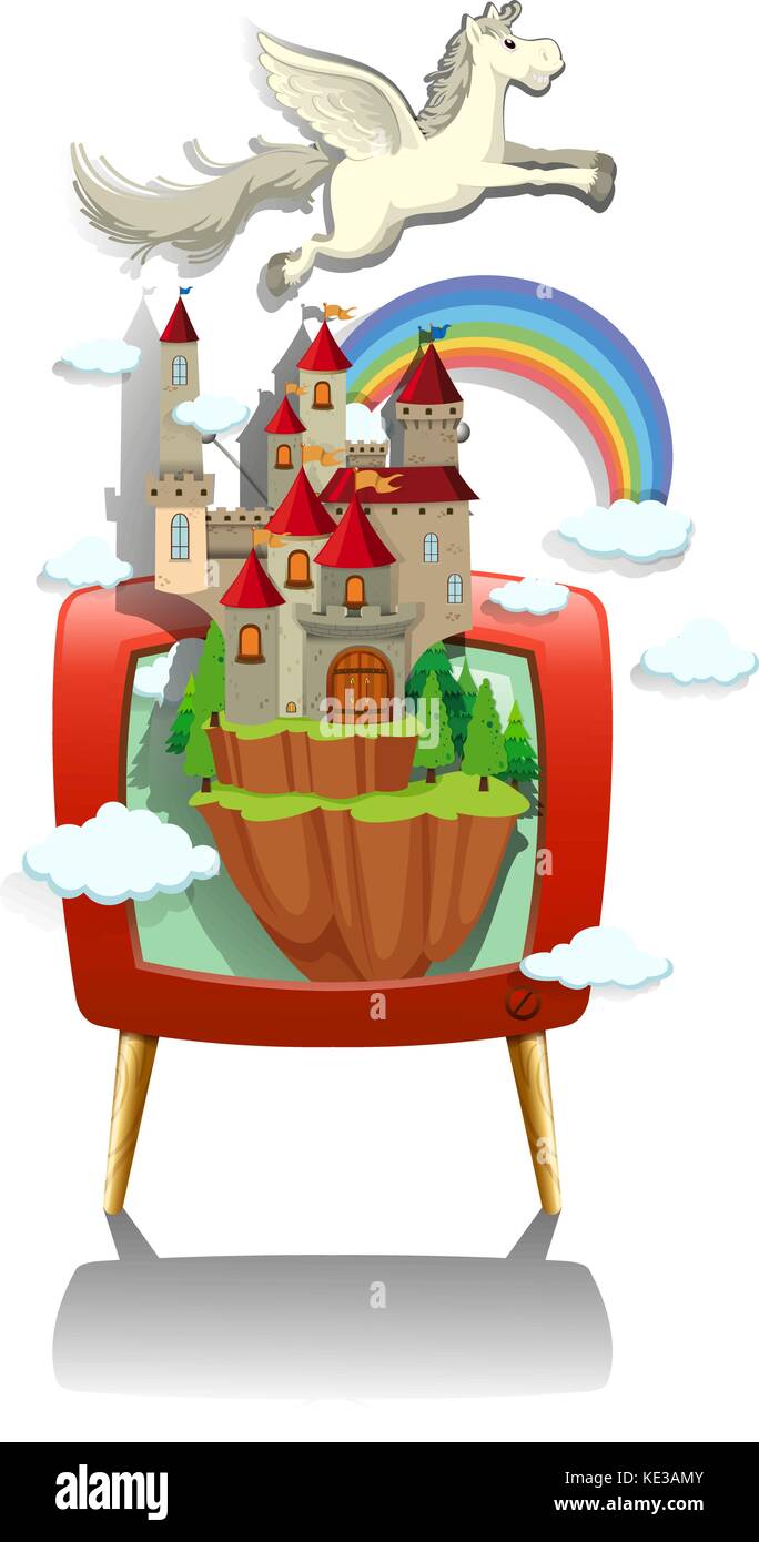 Pegasus fliegen über der Burg auf dem TV-Bildschirm Abbildung Stock Vektor