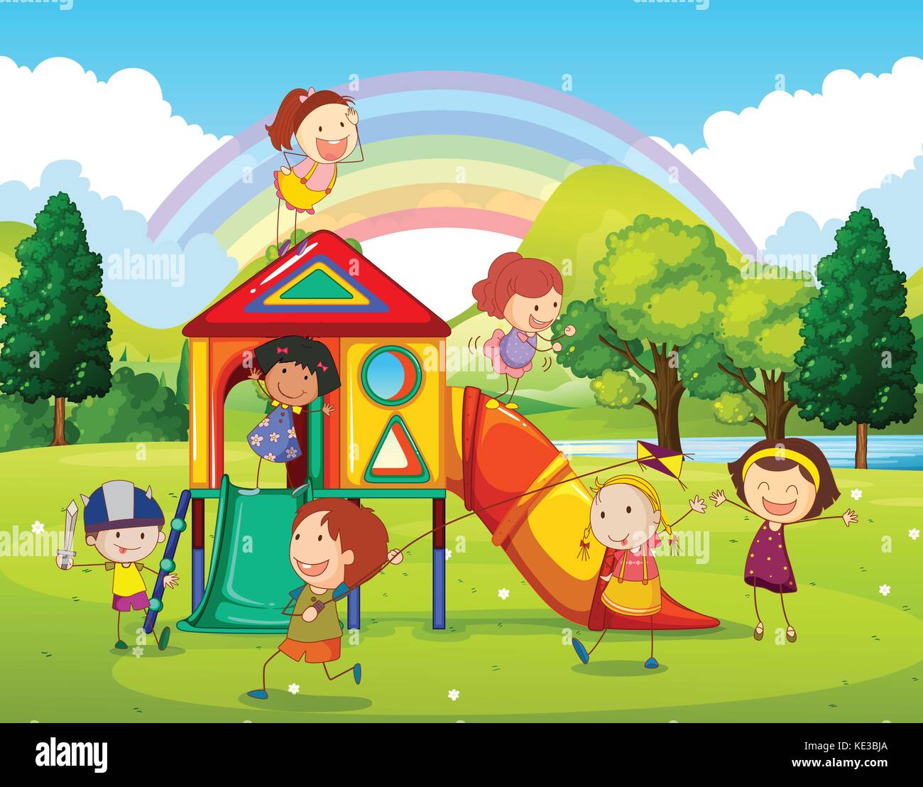 Spielende Kinder auf dem Spielplatz im Park Abbildung Stock-Vektorgrafik -  Alamy
