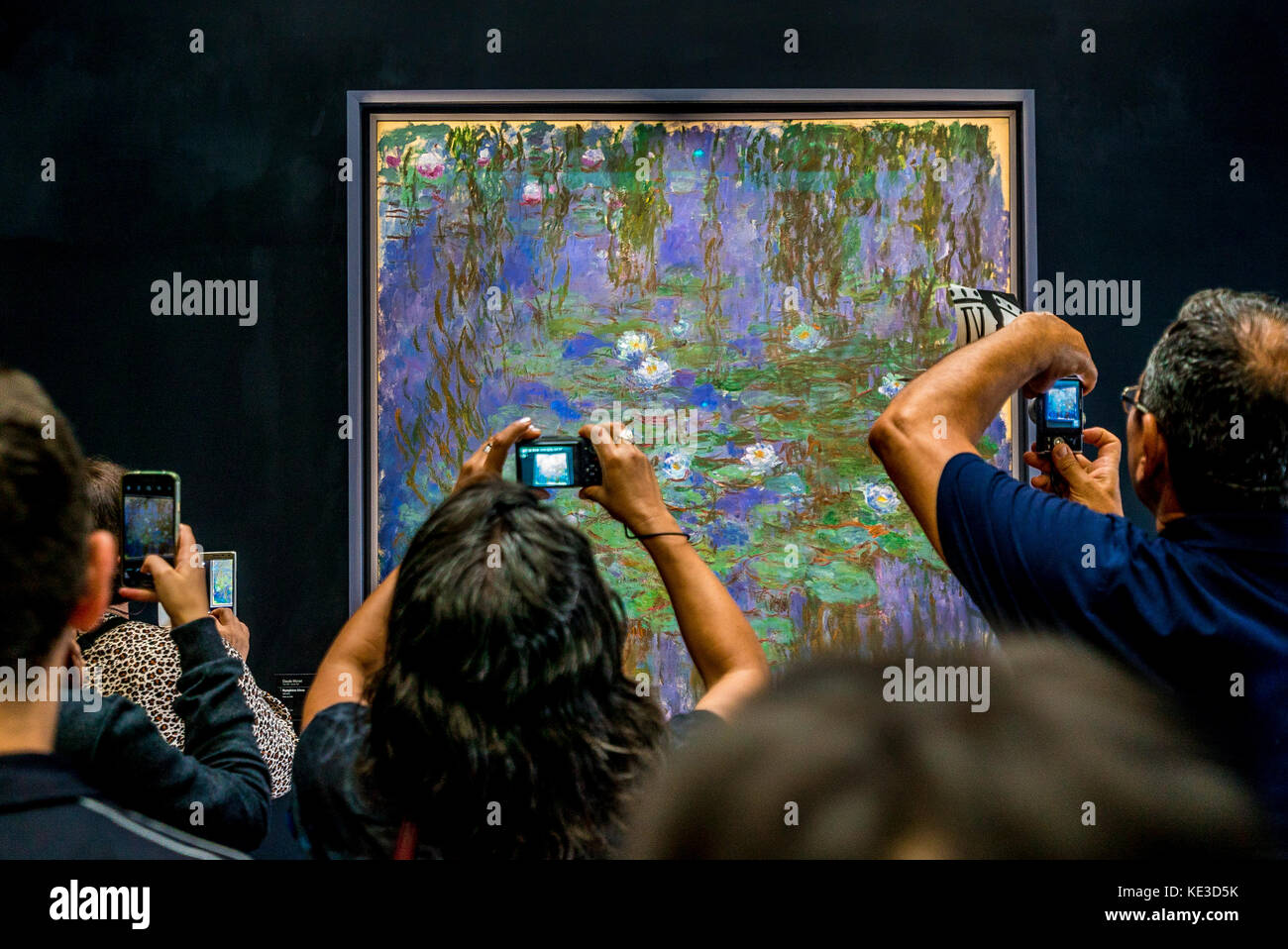 Massen von Touristen fotografieren berühmten seerosen von Claude Monet Malerei am Musée d'Orsay in Paris. Stockfoto