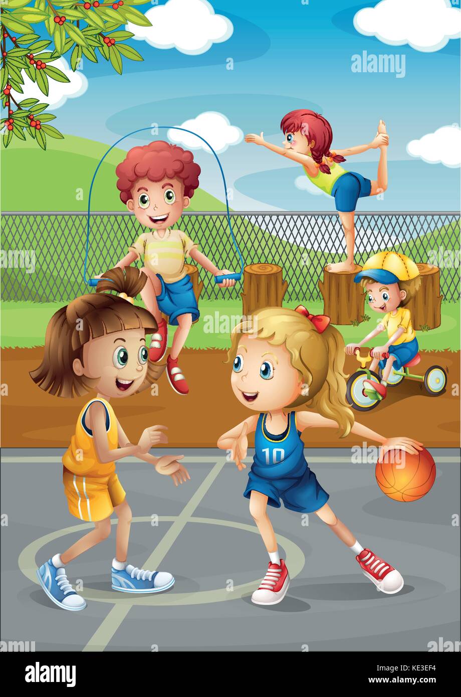 Kinder Spielen Sport Am Hof Abbildung Stock Vektorgrafik Alamy