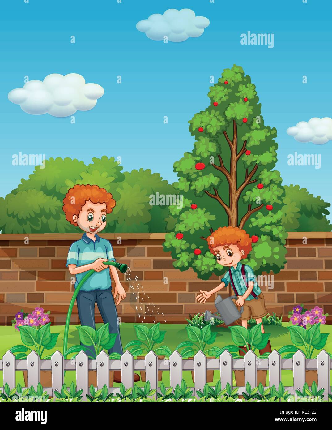 Vater und Sohn Bewässerung von Pflanzen im Garten Abbildung Stock Vektor