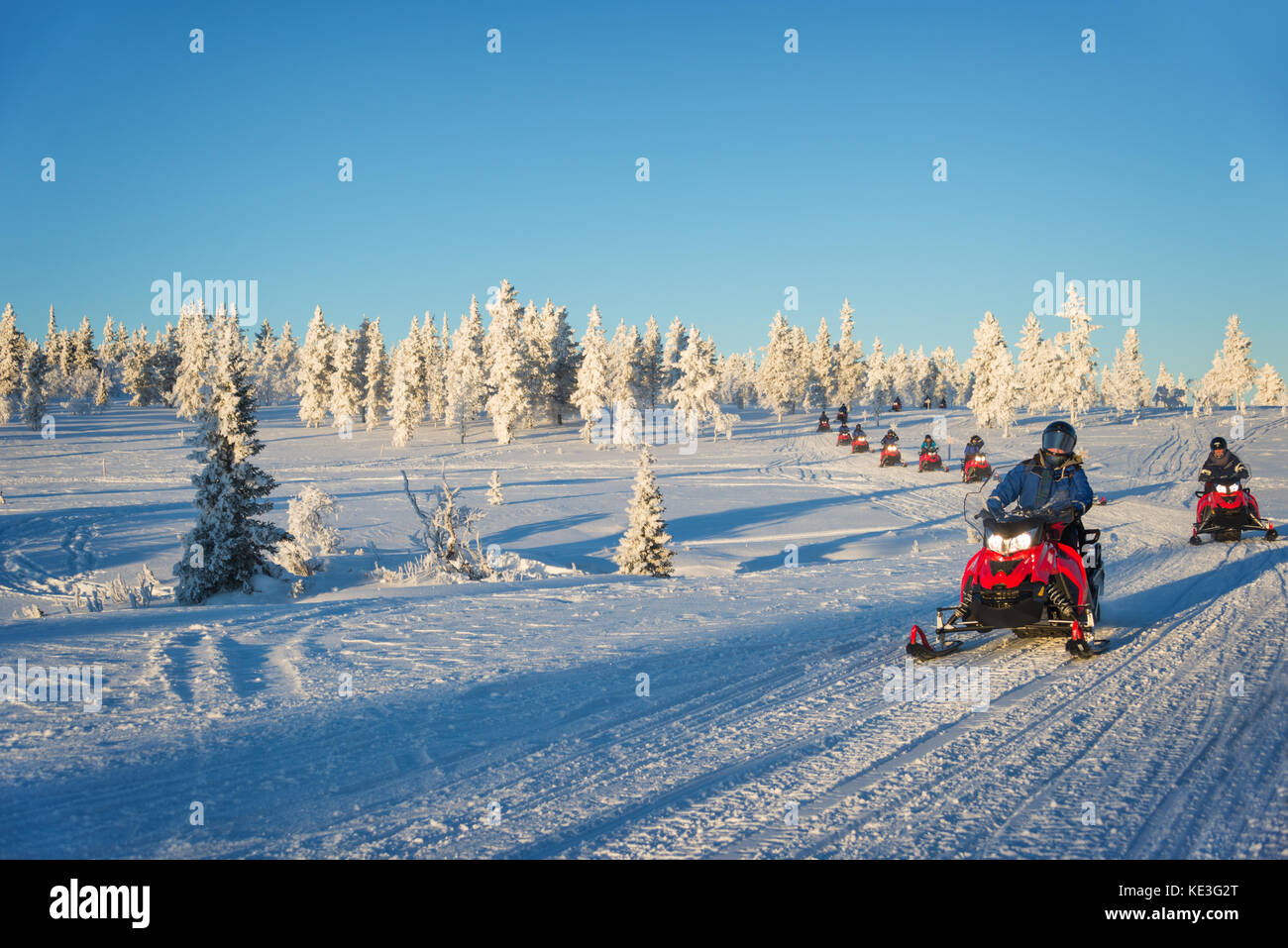 Gruppe von Motorschlitten in Lappland, in der Nähe von Saariselka, Finnland Stockfoto