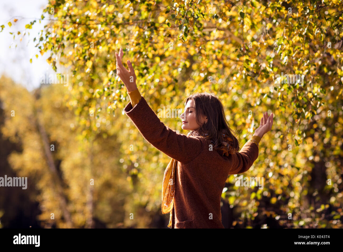 Junge Frau entspannende im Herbst Park. Stockfoto