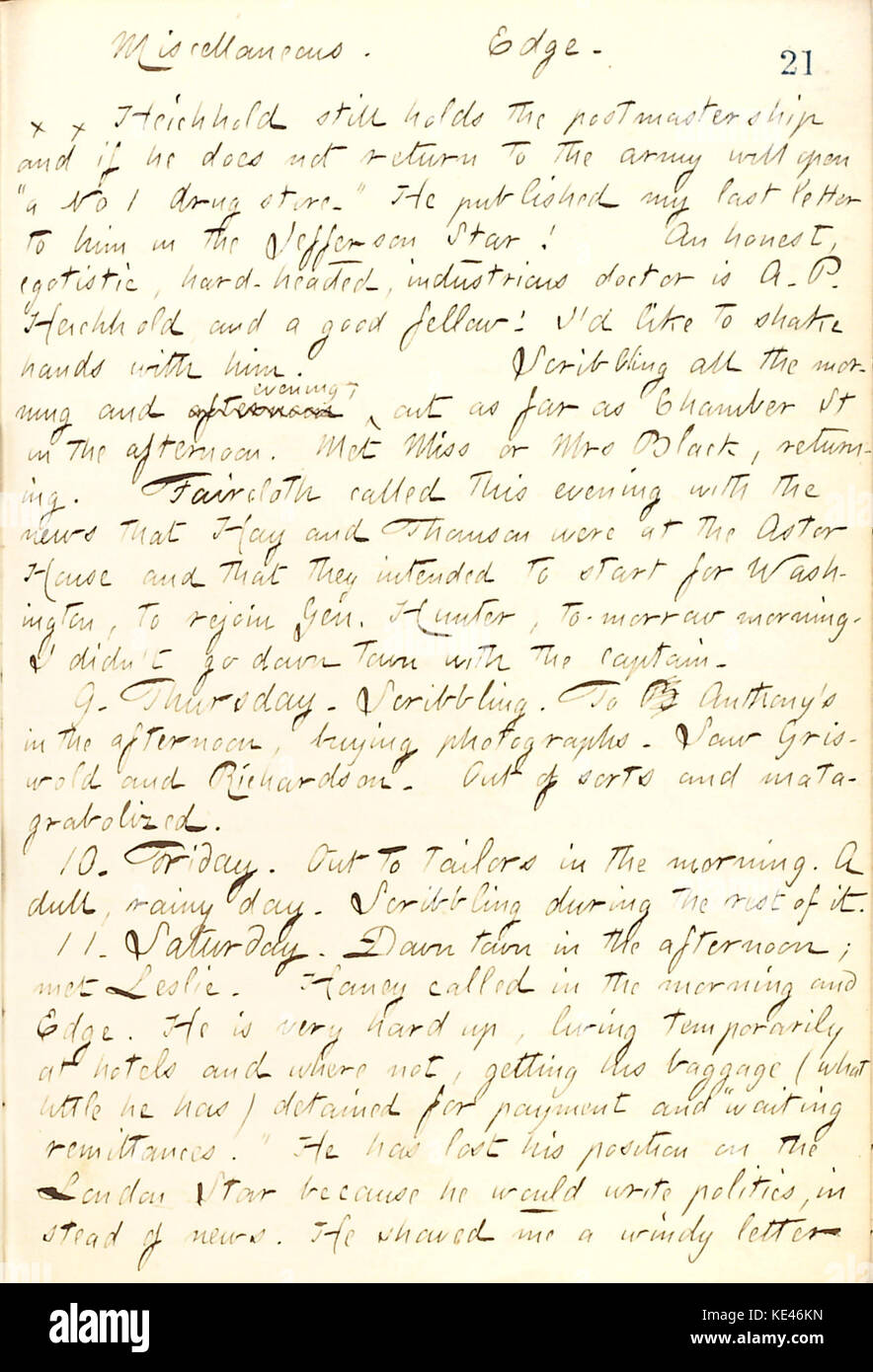 Thomas Butler Gunn Tagebücher, Band 21, Seite 26, 8. Oktober 1862 Stockfoto