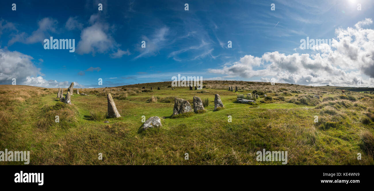 Scorhill Bronzezeit Steinkreis in der Nähe von Gidleigh im Nationalpark Dartmoor, Devon, Großbritannien Stockfoto