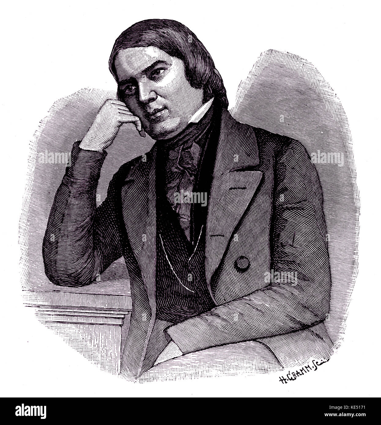 Robert Schumann - Porträt des Deutschen Komponisten, stützte sich auf eine Tabelle. 8. Juni 1810 - vom 29. Juli 1856. Stockfoto