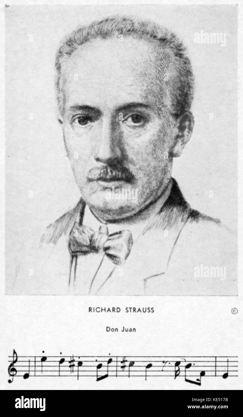 Richard Strauss - Porträt des Deutschen Komponisten und Dirigenten mit einer Bar seiner Arbeit 'Don Juan'. 11. Juni 1864 - 8. September 1949. Musical Autogramm. Stockfoto