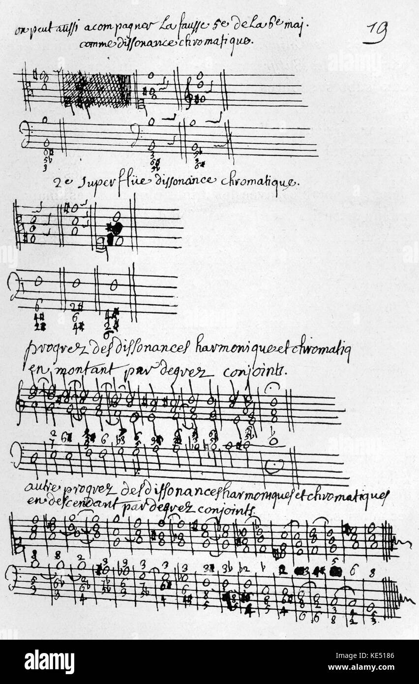 François Couperin's 'Règle pour l'gewisser' - handgeschriebene Seite. Der französische Komponist, 10. November 1668 - 11. September 1733. Beispiele von Dissonanz. Stockfoto