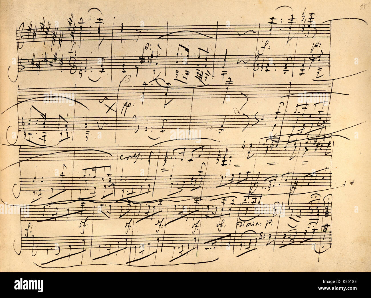Ludwig van Beethoven - handschriftliche Partitur des deutschen Komponisten' Klaviersonate Nr. 24' in F-Dur, Opus 78, 1809 geschrieben. Zweiter Satz: Allegro vivace. Op. 78 mit dem Spitznamen "Theresia". Seite 15 der ursprünglichen Manuskript. LvB: Getauft 17. Dezember 1770 - vom 26. März 1827. Stockfoto