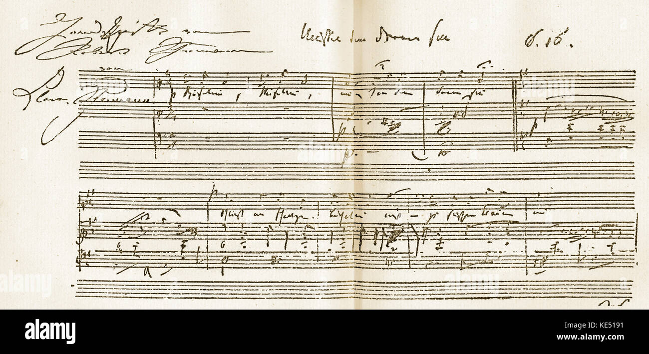 Robert und Clara Schumann - Partitur geschrieben und von der deutsche Komponist und seine Frau (auch Komponist und Pianist) unterzeichnet. Robert Schumann: 8. Juni 1810 - vom 29. Juli 1856. Clara Schumann: 13. September 1819 - vom 20. Mai 1896. Stockfoto