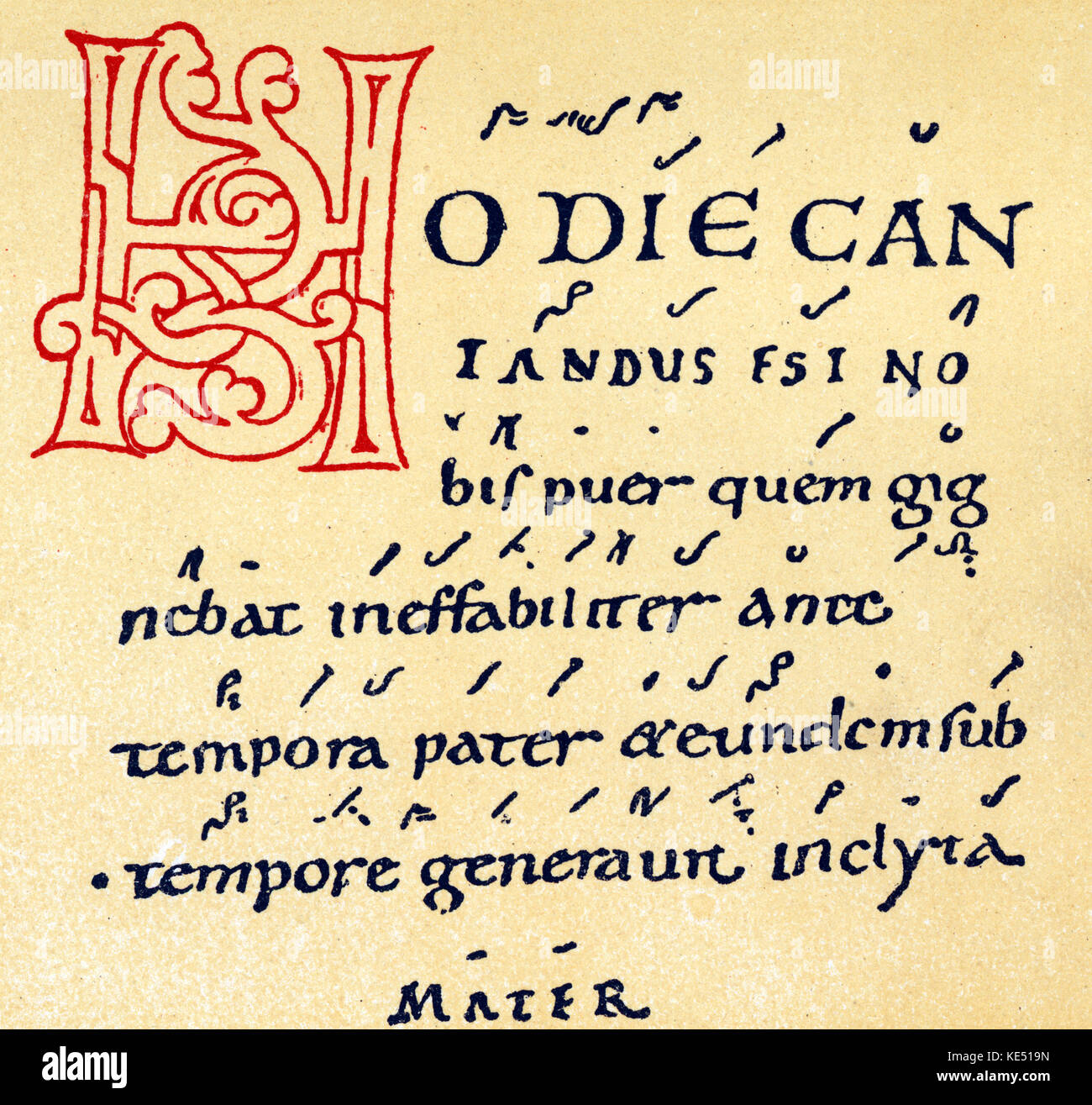 Tutilo Tropus (oder Tuotilo oder Tutilo von Saint Gall) - die erste Seite der Partitur für "Hodie Cantandus", aus dem 10. Jahrhundert. Tutilo, mittelalterliche Mönch und Komponist: C. 850-C. 915. Neume. Neumen. Stockfoto