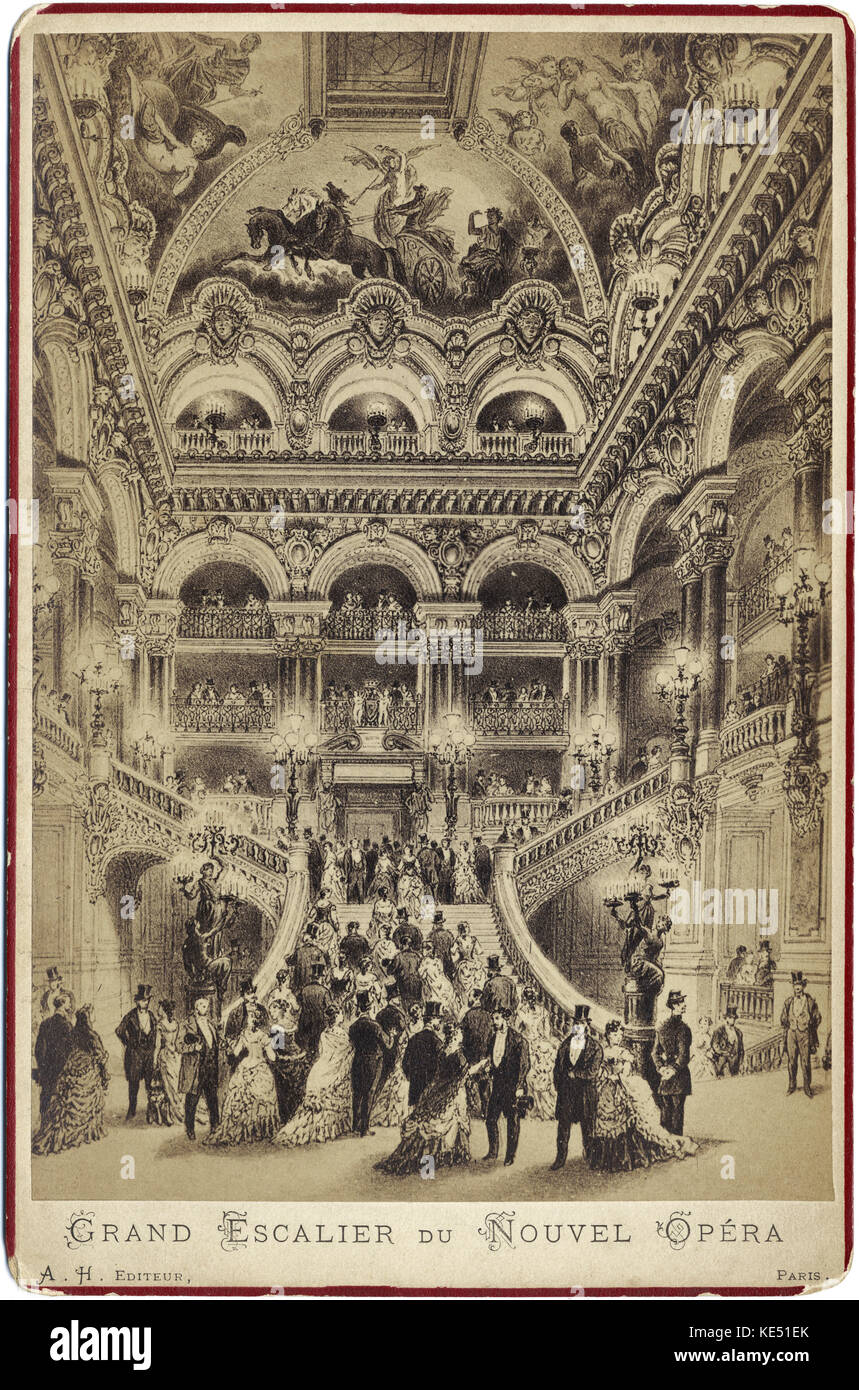 Paris Opera House - die Einweihung. Publikum auf der großen Treppe - Le Grand Escalier. Nouvel Opera. Stockfoto