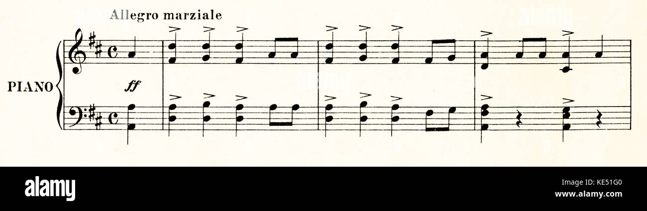 Musiknotation - Allegro marziale Tempo, Taktart, Notizen, horizontale Akzente. Stockfoto