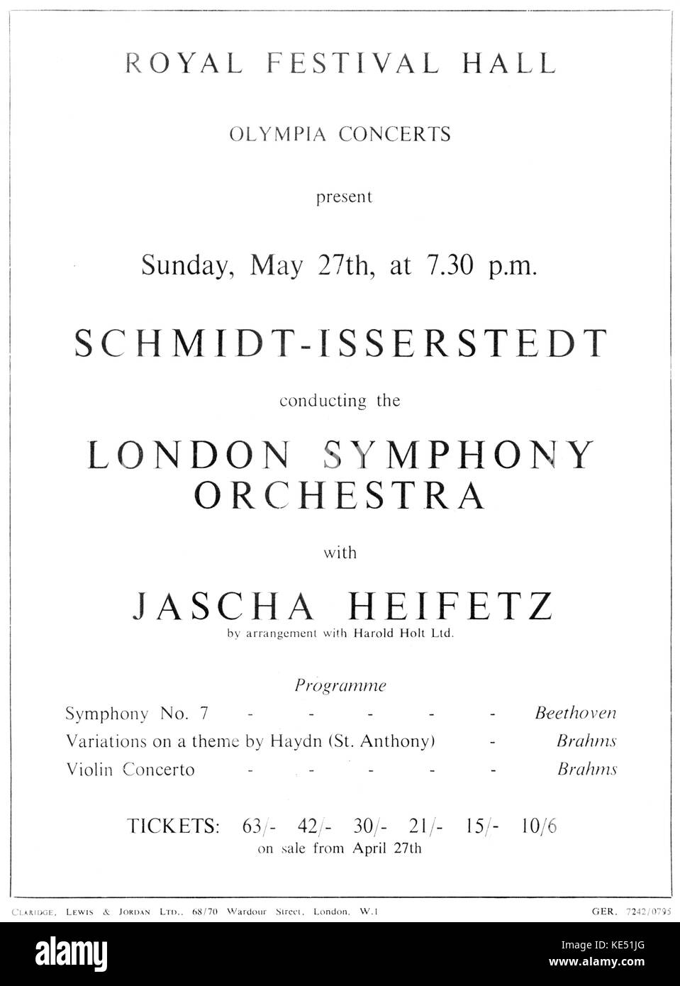 Jascha Heifetz - Plakat für ein Konzert, in dem der Litauischen amerikanische Geigerin mit dem London Symphony Orchestra in der Royal Festival Hall, London, England durchgeführt. Dirigent: Schmidt - isserstedt. JH: 2 Februar 1901 - 10. Dezember 1987. Stockfoto Jascha Heifetz - Plakat für ein Konzert, in dem der Litauischen amerikanische Geigerin mit dem London Symphony Orchestra in der Royal Festival Hall, London, England durchgeführt. Dirigent: Schmidt - isserstedt. JH: 2 Februar 1901 - 10. Dezember 1987. Stockfoto