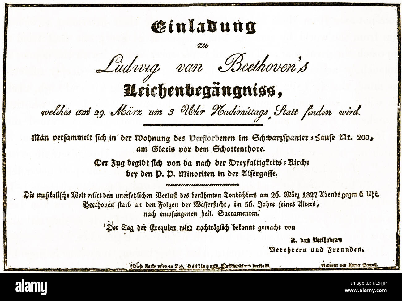 Ludwig Van Beethoven Einladung Zu Den Deutschen Komponisten Der Beerdigung 29 Marz 17 Ubersetzung Die Konferenz Der Trauer Platz Am Wohnsitz Des Verstorbenen In Der Scwarzpanier Haus Nr 0 Am Glacis