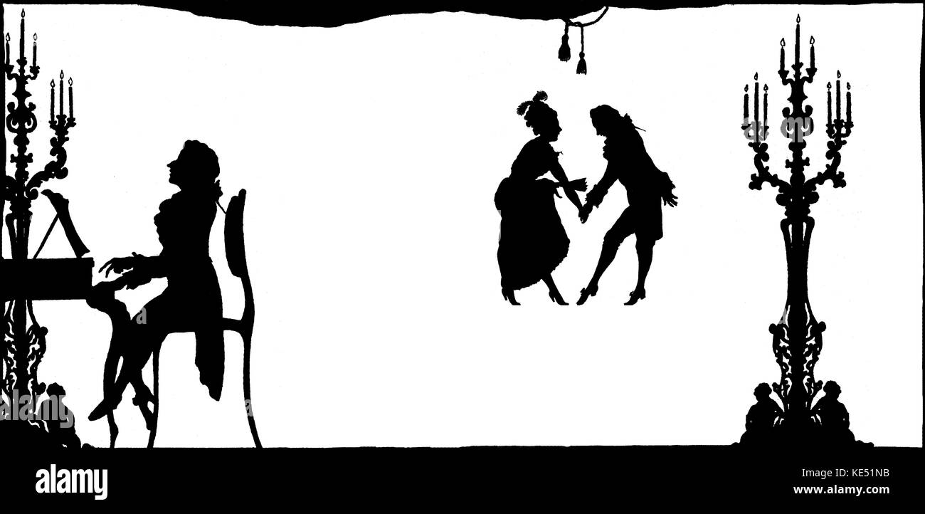 Silhouette der junge Mozart spielen auf dem Cembalo begleitenden Tänzer. Wolfgang Amadeus Mozart, Österreichischer Komponist, 27. Januar 1756 - vom 5. Dezember 1791. Stockfoto