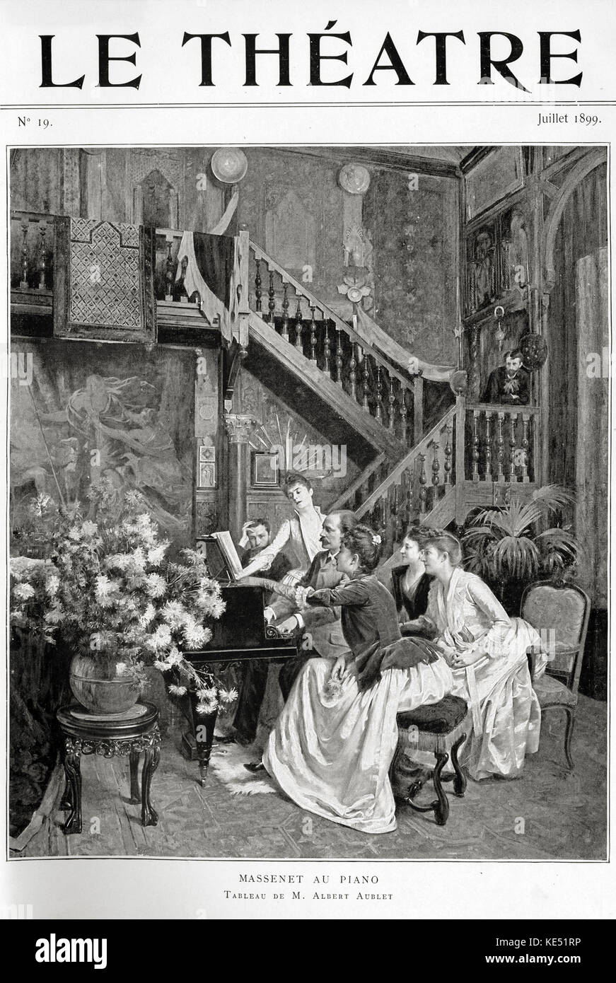 Jules Massenet, französischer Komponist, Proben seiner Oper Manon mit Sybil Sanderson, amerikanische Sopranistin, in der französische Schriftsteller Pierre Loti Salon. Massenet: 12. Mai 1842 - 13. August 1912. Sanderson: 7. Dezember 1865. - 15. Mai 1903. Loti: 14 Januar 1850 - 10. Juni 1923. Klavier spielen. Gemälde von Albert Aublet. Le Théâatre, Juli 1899. Stockfoto