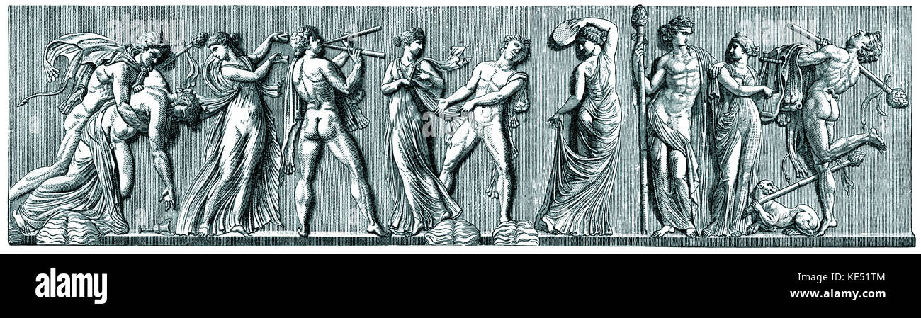 Bacchischen Revel - Flute Player, Tänzerin, Kastagnetten (Griechisch: crotali), und zwei Mädchen spielen die Leier. Von einem Relief auf Borghesian Vase. Stockfoto