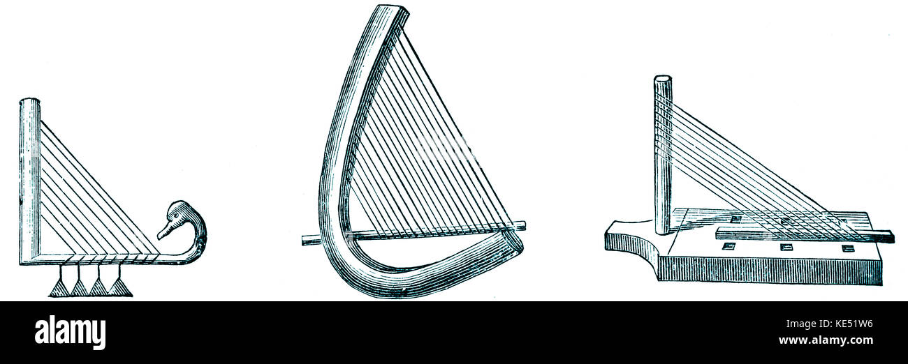 Ägyptische Harfen, eckig geformt. Erste auf der rechten Seite: Nablium, einer alten Harfe der Phönizischen Ursprungs, die in der Form eines rechtwinkligen Dreiecks. Stockfoto