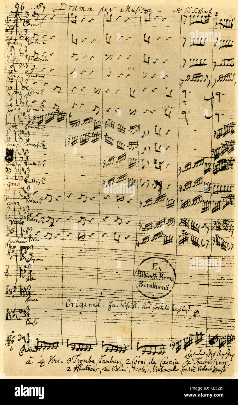 Johann Sebastian Bachs handgeschriebene Manuskript für "die Beruhigung von Aeolus' - Eröffnung Chorus. Drama per Musica BWV 205. Auch als "Aeolus befriedet' oder 'Aeolus zufrieden' bekannt. Weltliche Kantate. JSB, Deutscher Komponist: 21. März 1685 - vom 28. Juli 1750. Stockfoto