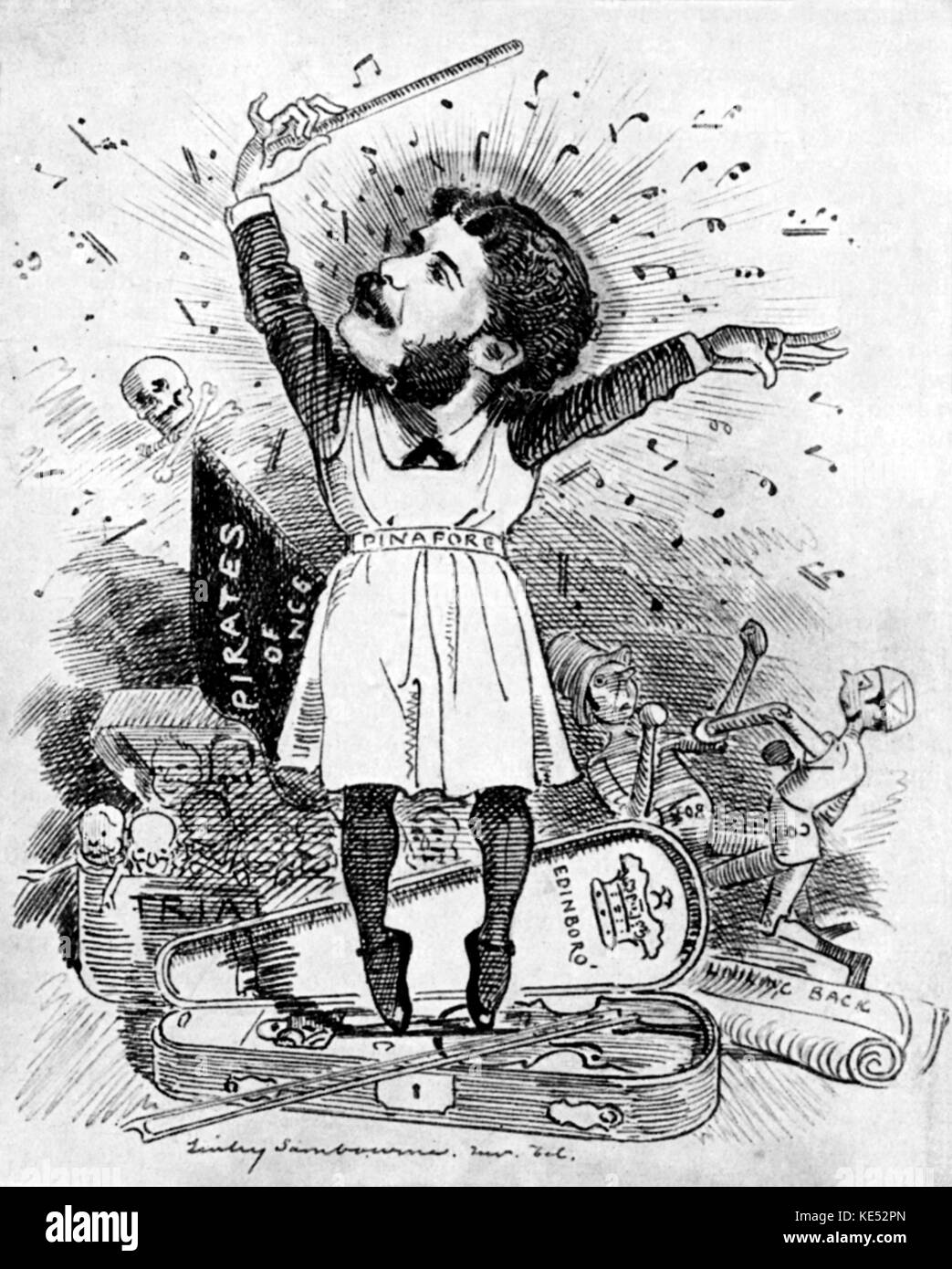 Arthur Sullivan - englische Komponist: 13. Mai 1842 - 22. November 1900. Karikatur von Linley Sambourne: Karikaturist für 'Lochen', den 4. Januar 1844 - 3. August 1910. Stockfoto