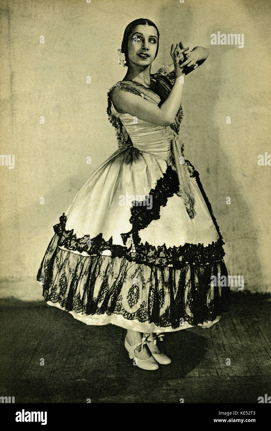 Tamara Toumanova - in Le Tricorne (Die Drei Dreispitz). Musik von Manuel de Falla, Choreografie von Leonide Massine. Durch die Ballet Russe im Juli 1919 in London uraufgeführt wurde. TT: russische Ballett Tänzerin, 1919 - 1996. Stockfoto