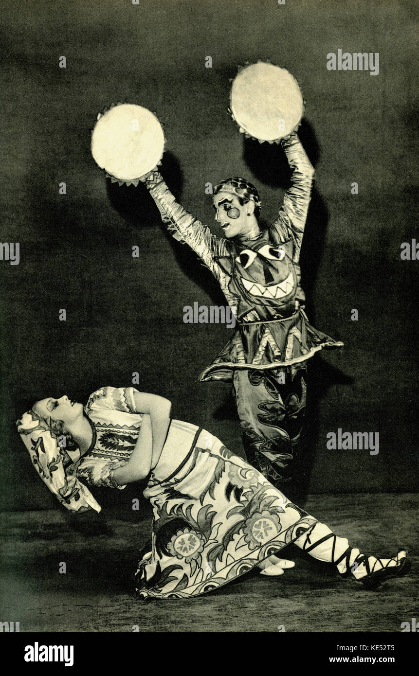 Irina Baronova und Leonide Massine - in Le Soleil de Nuit, 1915, Ballet Russe Produktion. Musik von Nikolai Rimski-Korsakow. Choreographie von Massine. IB: russische Ballett Tänzerin, b. 13. März 1919. LM: russische Ballett Tänzerin und Choreografin, den 9. August 1896 und dem 15. März 1979. NRK: russischer Komponist, 18. März 1844 - 21. Juni 1908. Stockfoto