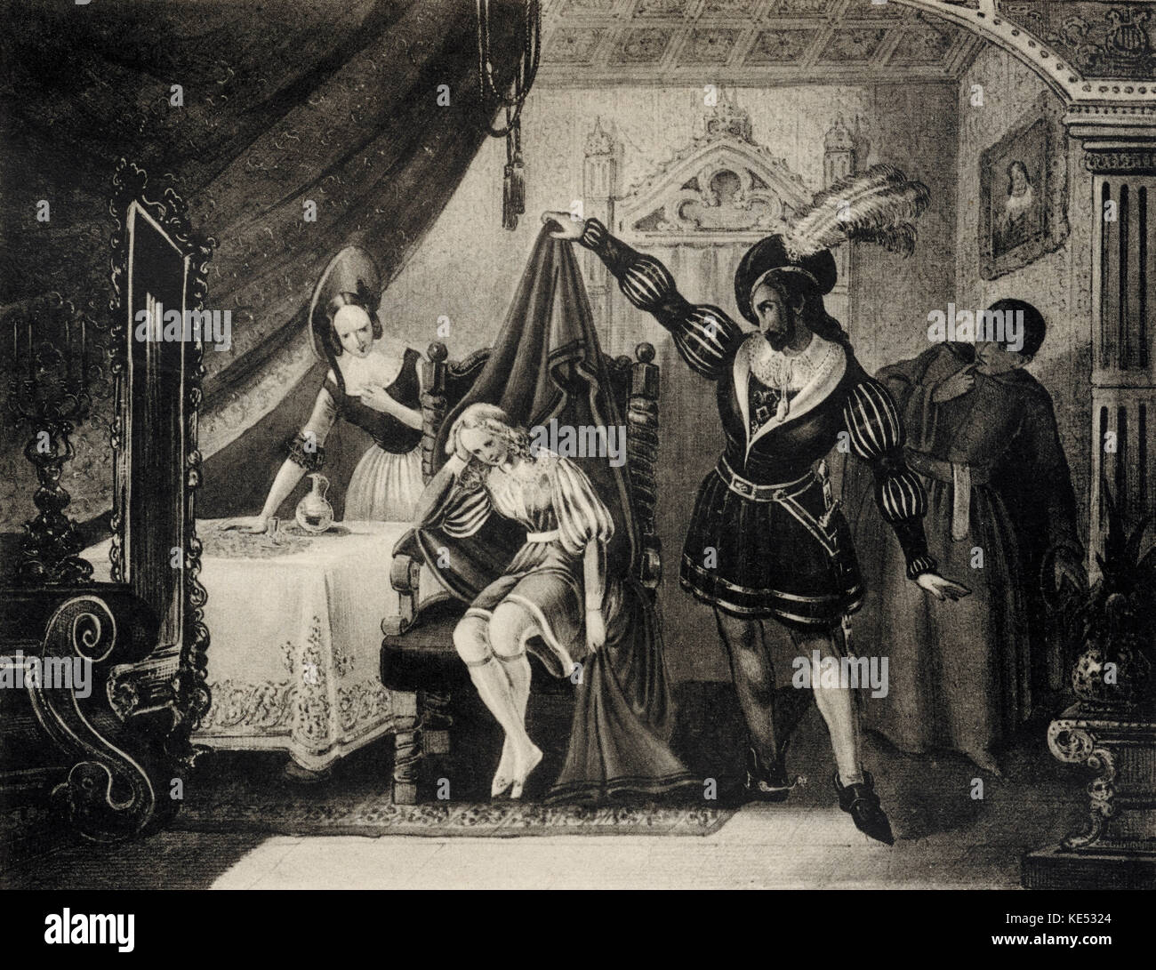 Von Wolfgang Amadeus Mozarts Die Hochzeit des Figaro (Le nozze di Figaro) - Szene mit Susanna durch den Grafen entdeckt und Priester Basilio. Österreichischen Komponisten, 27. Januar 1756 - vom 5. Dezember 1791. Stockfoto