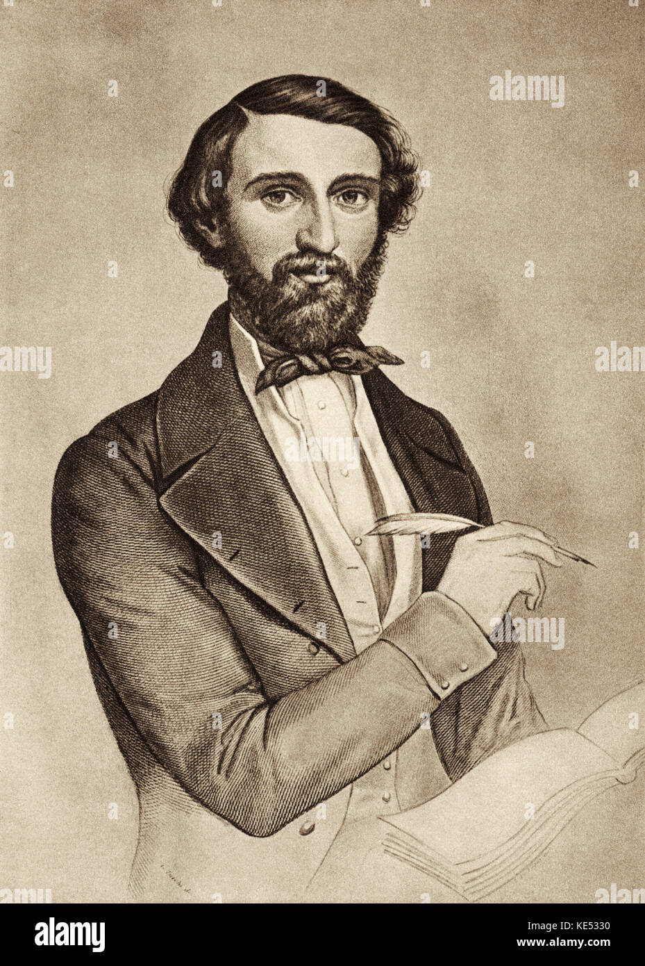 Giuseppe F.F. VERDI als junger Mann Holding quilll Pen und komponieren Kupferstich von L. de Segni. Italienischer Komponist, 9 oder 10 Oktober 1813 - 27. Januar 1901. Stockfoto