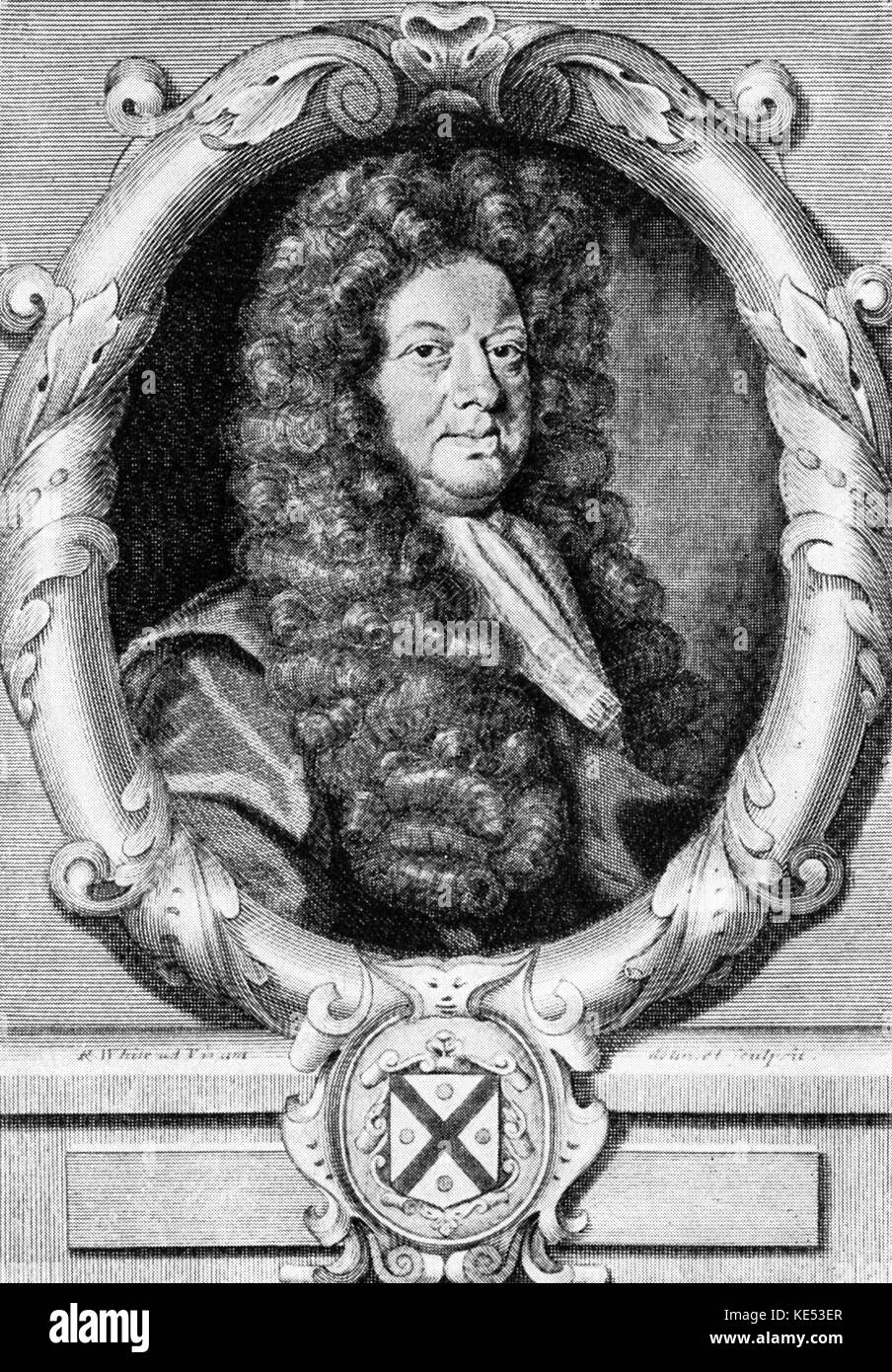 John Blow, englischer Komponist von Kirchenmusik, Organist der Westminster Abbey und Master an H.Purcell. JB: 1649-1708. Kupferstich von Robert Weiß. Stockfoto