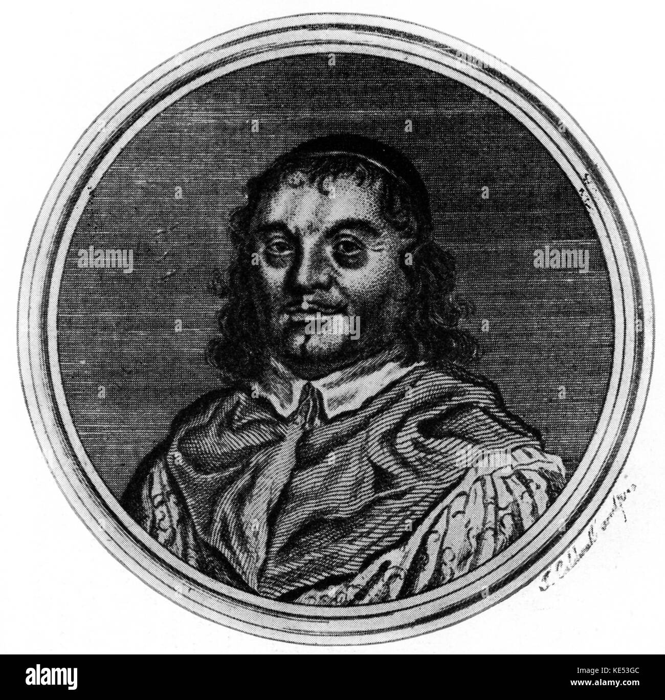 John Wilson, Kupferstich von J.Caldwell. Portrait datiert 1644. Englische Komponist, Lautenspieler und Sänger, 1595-1673. Stockfoto