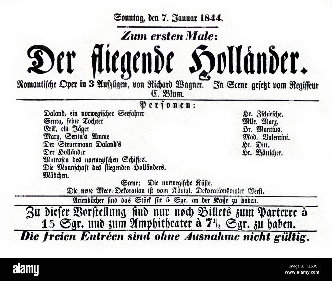 Flying Dutchman (Der fliegende Höllander) - Opening Night Programm für die Berliner Premiere am 7. Januar 1844 am Königlichen Schauspielhaus, Berlin. Wagner als Leiter für diese Leistung. RW: deutsche Komponist & Autor, 1813-1883. Stockfoto