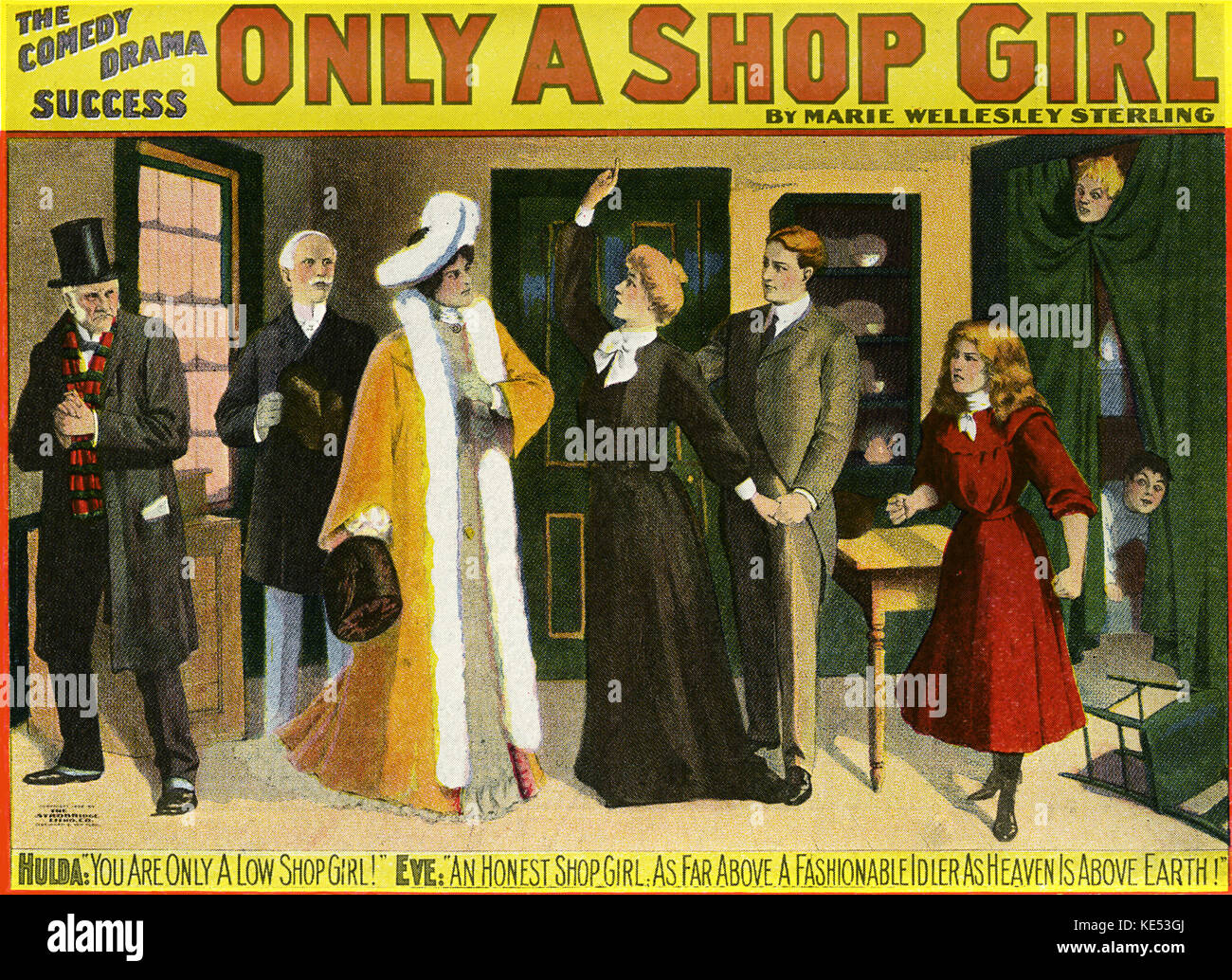 Nur einen Shop Mädchen - Werbung Plakat für komische Marie Wellesley von Sterling spielen. Ein New Yorker Bowery Klassiker aus den 1890er Jahren. Bildunterschrift lautet: "Hulda: Sie sind nur eine geringe shop Mädchen! Eve: Eine ehrliche shop Mädchen. Wie weit über eine modische Spannrolle wie der Himmel über der Erde!". Stockfoto