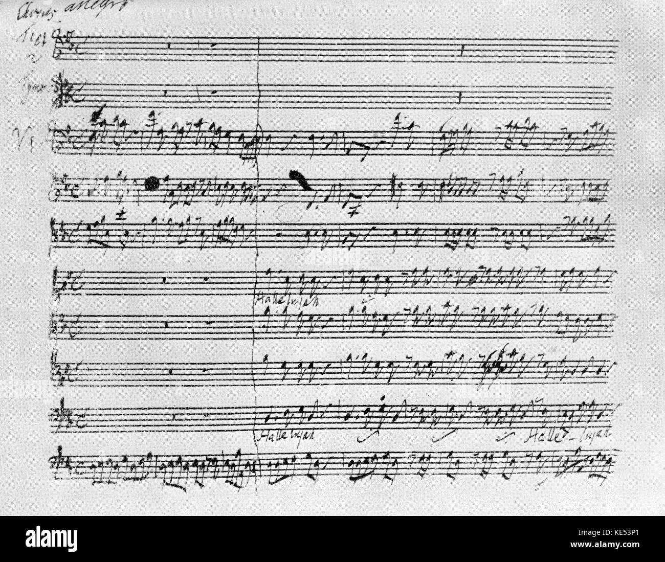 Händels Messias. Hallelujah Chorus. Handgeschriebene Seite der Partitur. Deutsch-englischer Komponist, 23. Februar 1685 - 14. April 1759. Stockfoto