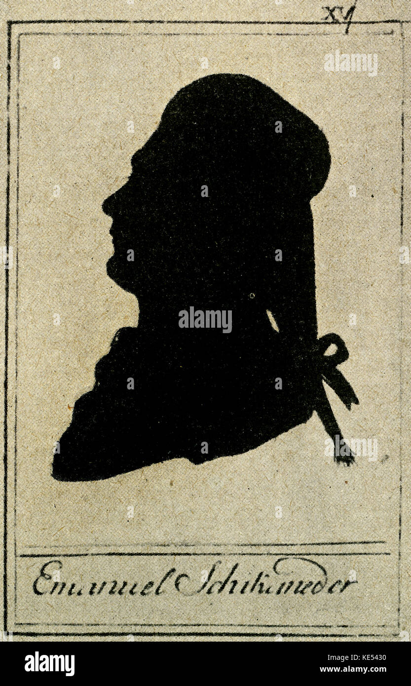 Emanuel Schikaneder 1785 silhouette Profil von Hieronymus Loschenkohl. Wolfgang Amadeus Mozarts Librettisten. 1751-1812. Überzeugt Mozart Musik sein Spiel Die Zauberflote eingestellt. Schikaneder nahmen Teil von Papageno. Er war Leiter des Theater an der Wien. Stockfoto