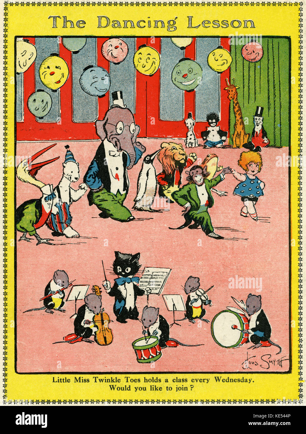 Die tanzenden Lektion. Aus dem Wunderland 1923 Jährliche. Bildunterschrift: Little Miss Twinkle Toes hält eine Klasse jeden Mittwoch. Möchten Sie Mitglied werden? Katze und Maus Orchester, Geld und Löwen und Elefanten tanzen. Stockfoto