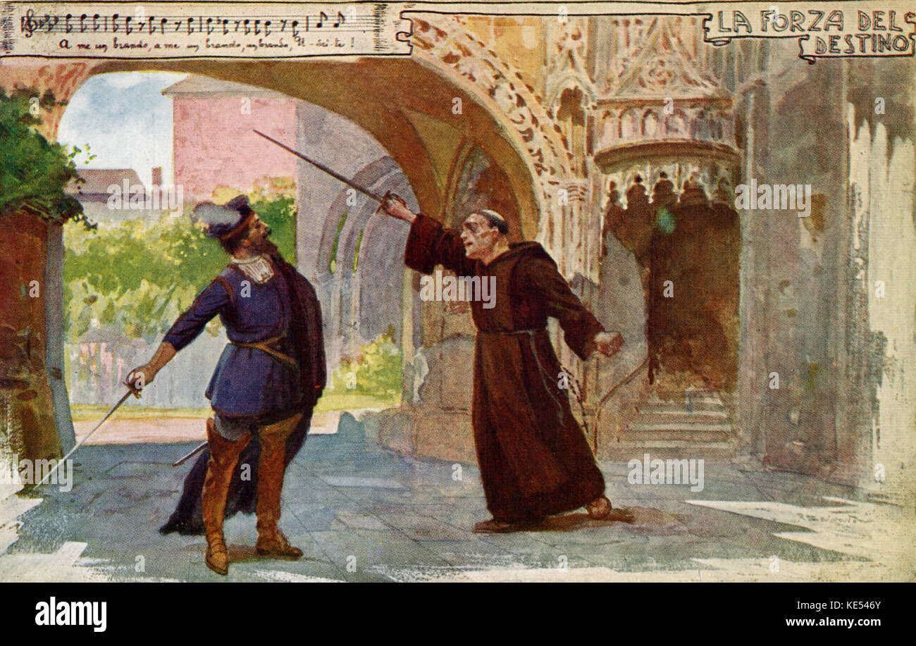 La forza del destino Giuseppe Verdi. Szene mit Don Carlo und Don Alvaro (getarnt als Franziskaner Mönch) vor ihrem Duell in Akt IV, Szene IV. Stockfoto