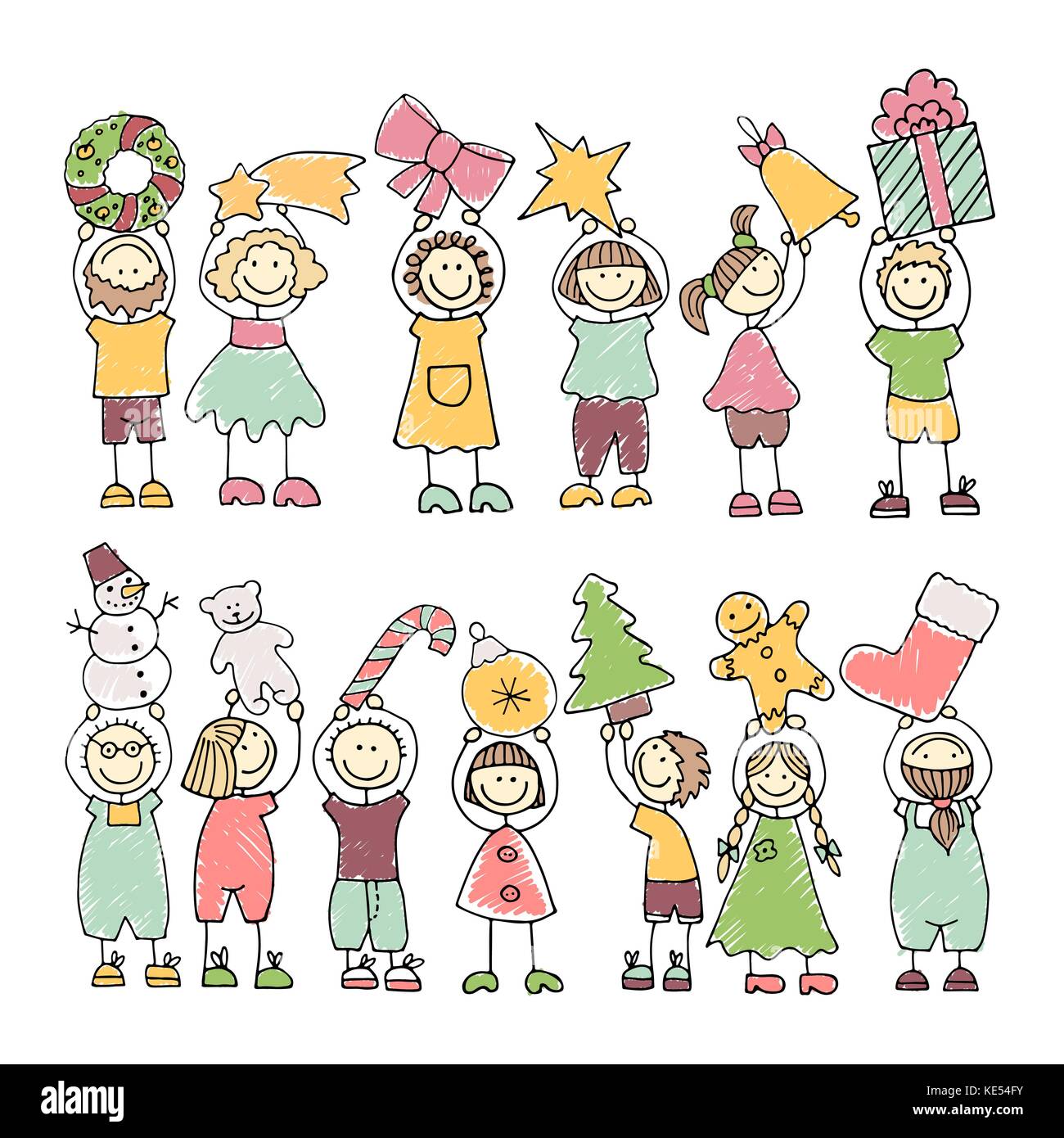 Vektor einrichten der farbigen Symbole der glücklichen Kinder. Frohe Weihnachten Stock Vektor