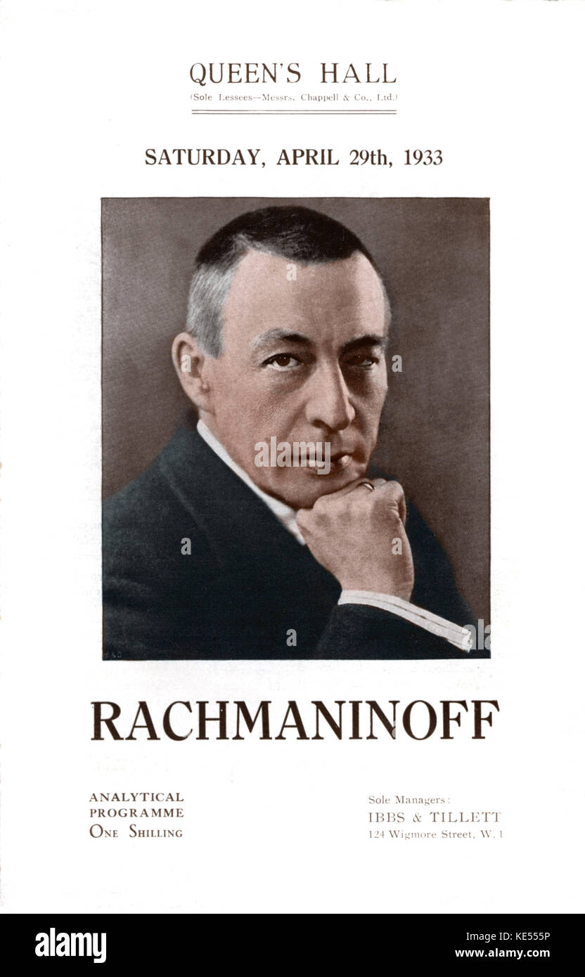 Sergej Rachmaninov Vassilievich, Queen's Hall/Queens Hall London, 29. April 1933. Russische Pianist und Komponist 1. April 1873 - vom 28. März 1943. Eingefärbte Version. Stockfoto